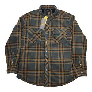 Lee Men XL Plaid Sherpa Lined Shirt Jacket Shacket Regular Fit Olive Green
